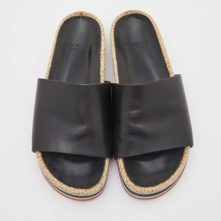 Pre Owned Moncler Black Leather Evelyne Espadrille Slide Sandals Size 39