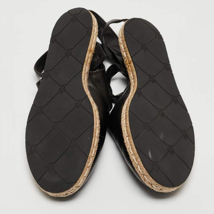 Pre Owned Moncler Black Leather Ankle Tie Espadrille Flats Size 37