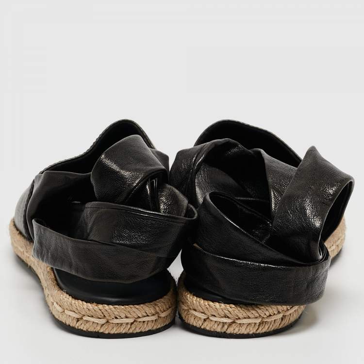 Pre Owned Moncler Black Leather Ankle Tie Espadrille Flats Size 37