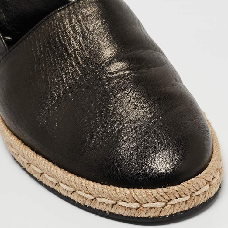 Pre Owned Moncler Black Leather Ankle Tie Espadrille Flats Size 37