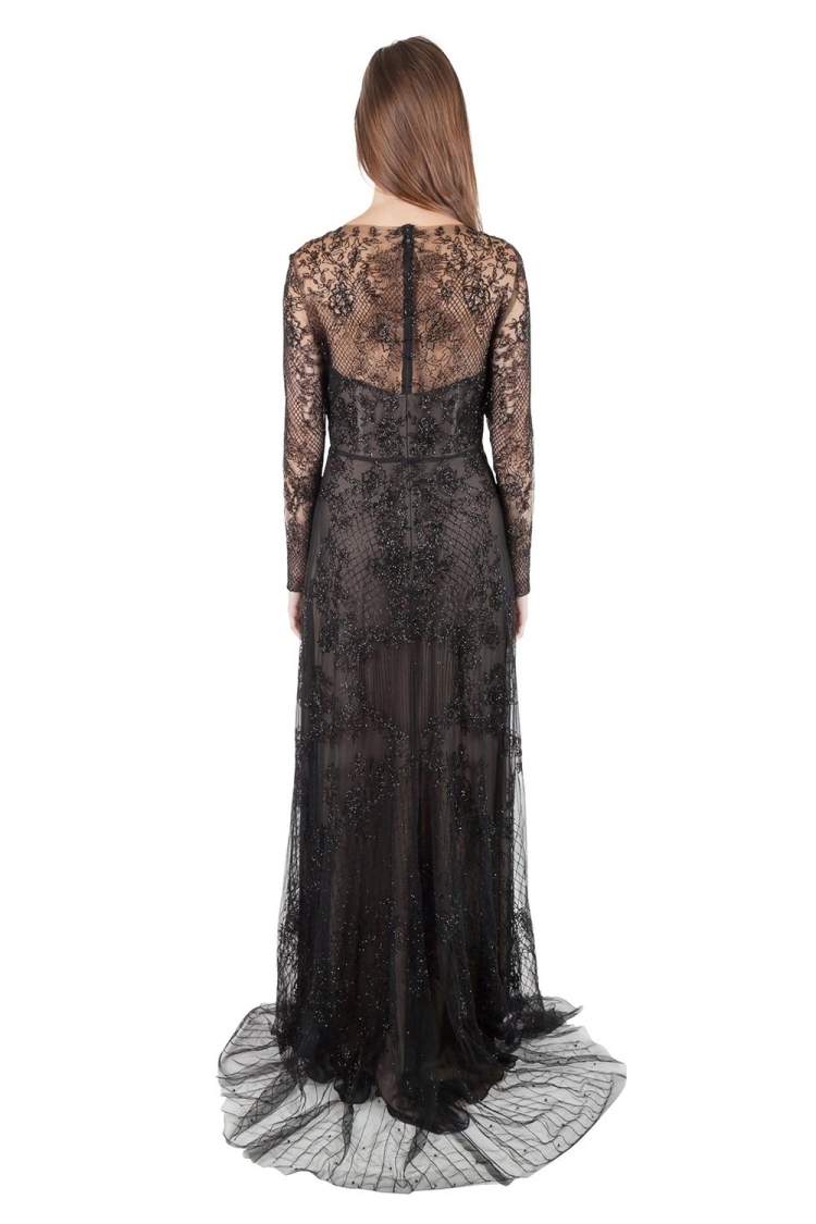 Pre Owned Monique Lhuillier Noir Black Embellished Long Sleeve Evening Gown S