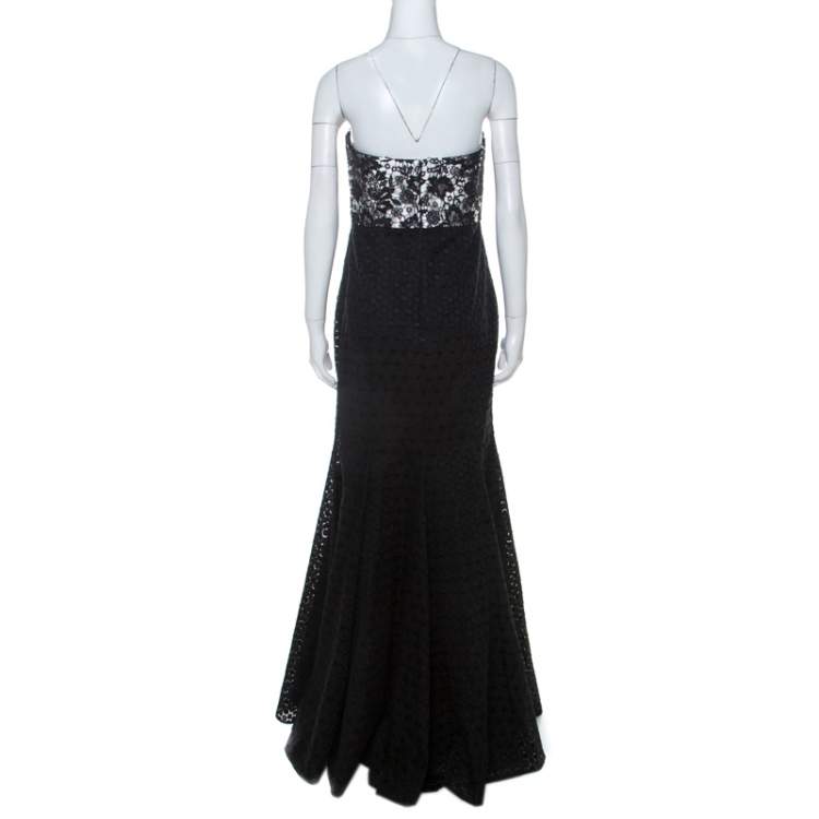 Pre Owned Monique Lhuillier Monochrome Floral Lace Bodice Detail Flared Strapless Gown L