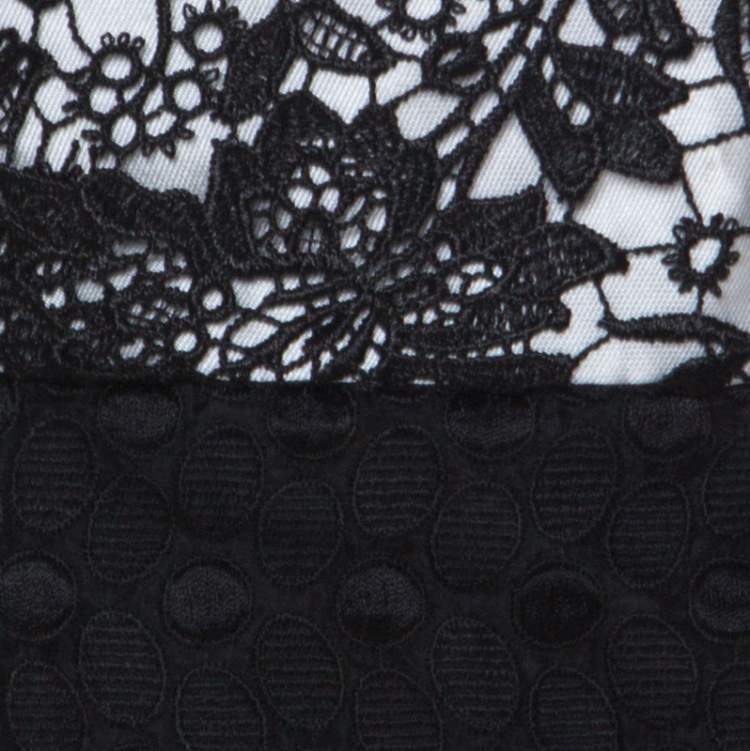 Pre Owned Monique Lhuillier Monochrome Floral Lace Bodice Detail Flared Strapless Gown L