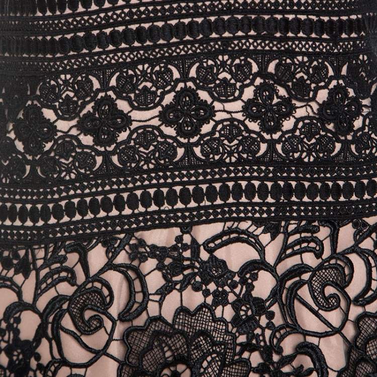 Pre Owned Monique Lhuillier Black And Beige Lace V Neck Maxi Dress L