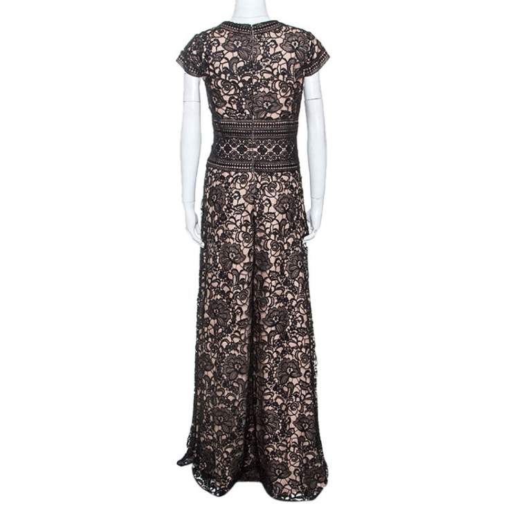 Pre Owned Monique Lhuillier Black And Beige Lace V Neck Maxi Dress L