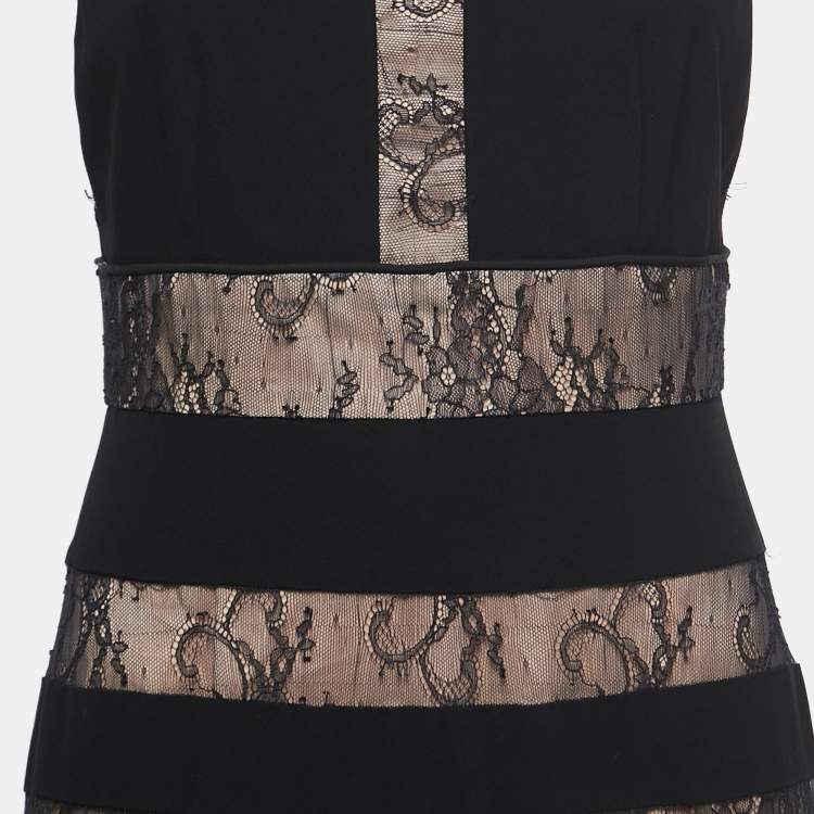 Pre Owned ML by Monique Lhuillier Black Lace And Crepe High Neck Gown M