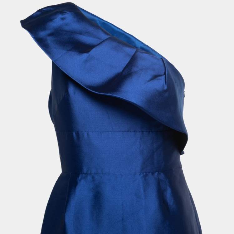 Pre Owned Monique Lhuillier Blue Silk One Shoulder Silk Gown S