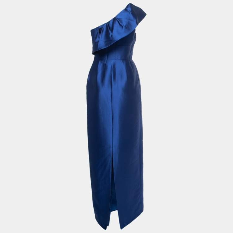 Pre Owned Monique Lhuillier Blue Silk One Shoulder Silk Gown S