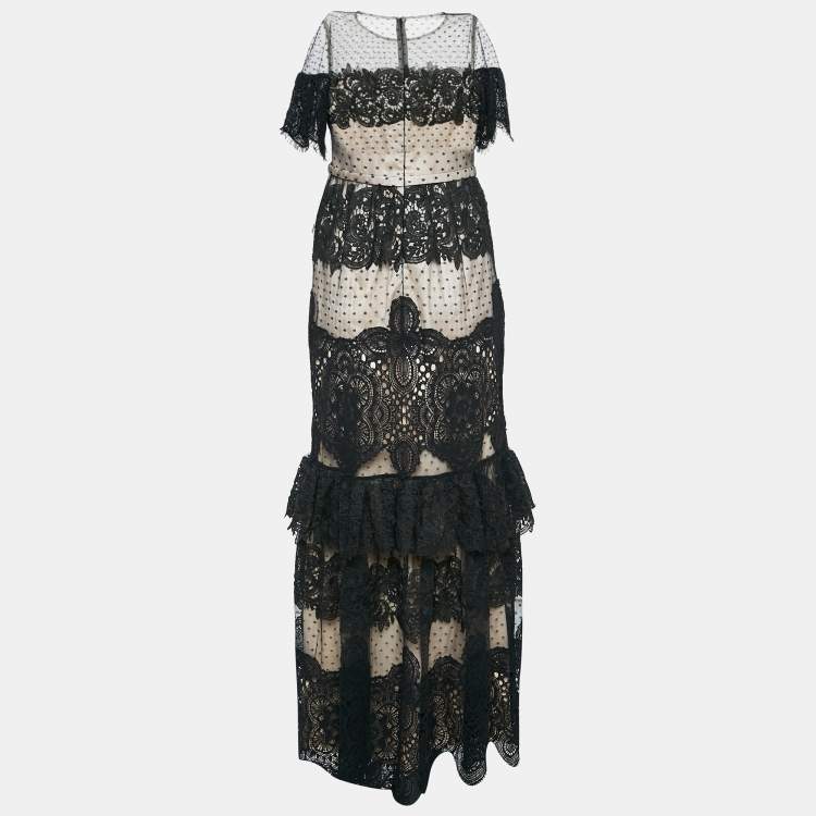 Pre Owned Monique Lhuillier Black Lace Short Sleeve Maxi Dress S