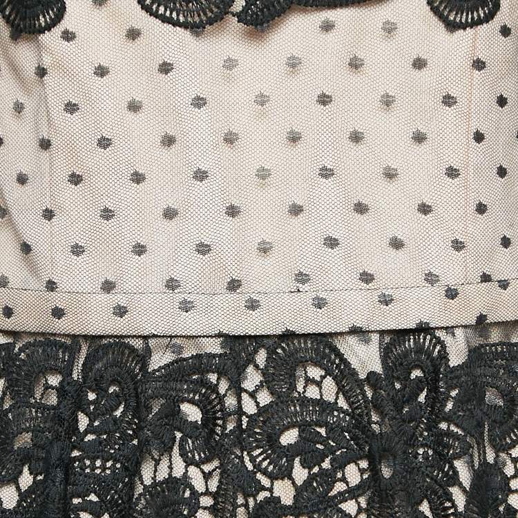 Pre Owned Monique Lhuillier Black Lace Short Sleeve Maxi Dress S