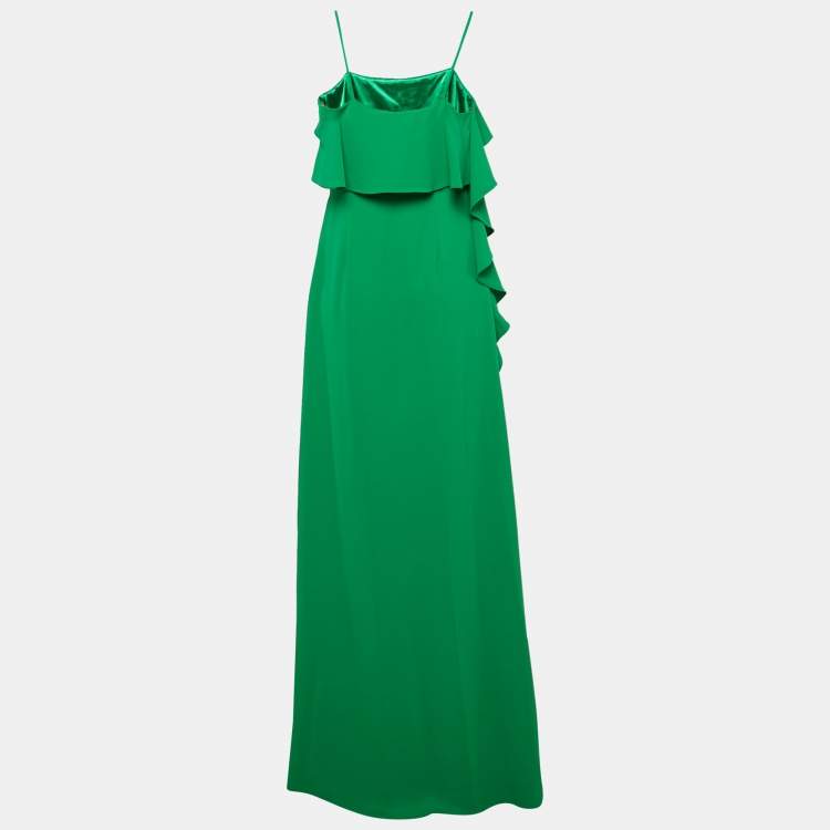 Pre Owned Monique Lhuillier Green Crepe Ruffled Maxi Slip Dress M