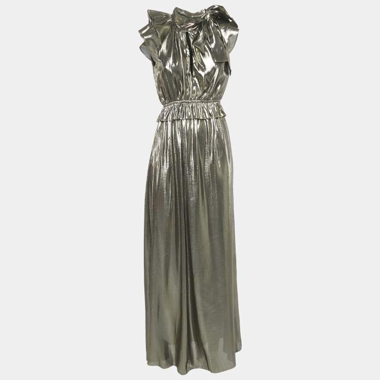 Pre Owned Monique Lhuillier Metallic Silk Lurex Ruffled Neck Tie-Up Detail Maxi Dress S