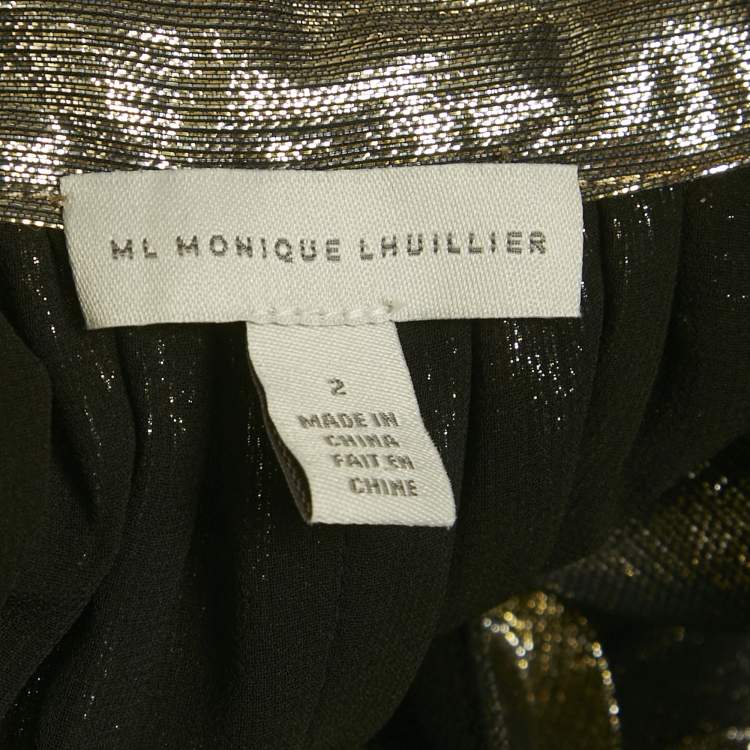 Pre Owned Monique Lhuillier Metallic Silk Lurex Ruffled Neck Tie-Up Detail Maxi Dress S
