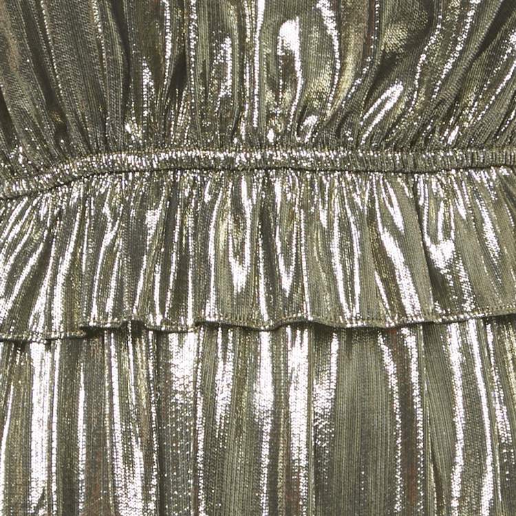 Pre Owned Monique Lhuillier Metallic Silk Lurex Ruffled Neck Tie-Up Detail Maxi Dress S