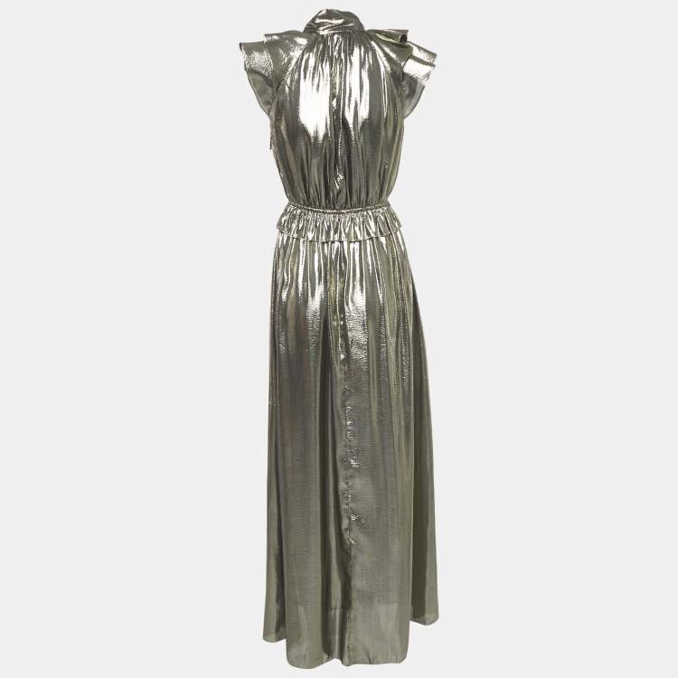 Pre Owned Monique Lhuillier Metallic Silk Lurex Ruffled Neck Tie-Up Detail Maxi Dress S