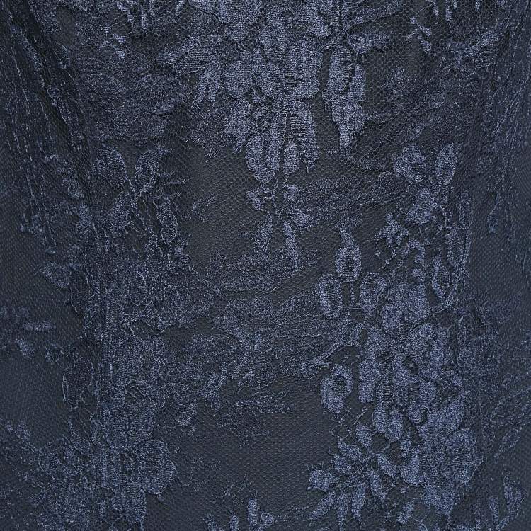 Pre Owned Monique Lhuillier Collection Navy Blue Floral Lace Layered Tulle Gown L