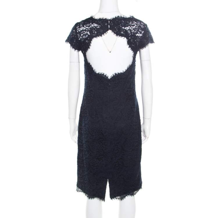 Pre Owned ML by Monique Lhuillier Navy Blue Lace Diamond Back Cap Sleeve Sheath Dress M