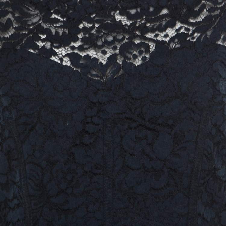 Pre Owned ML by Monique Lhuillier Navy Blue Lace Diamond Back Cap Sleeve Sheath Dress M