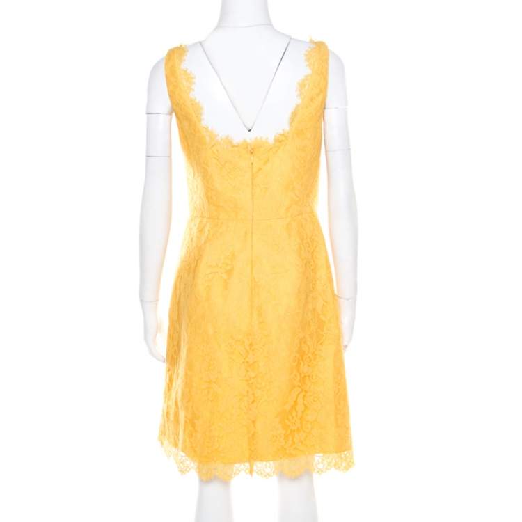 مملوكة مسبقًا ML By Monique Lhuillier Yellow Floral Lace Scalloped Trim Detail V-Neck Dress M