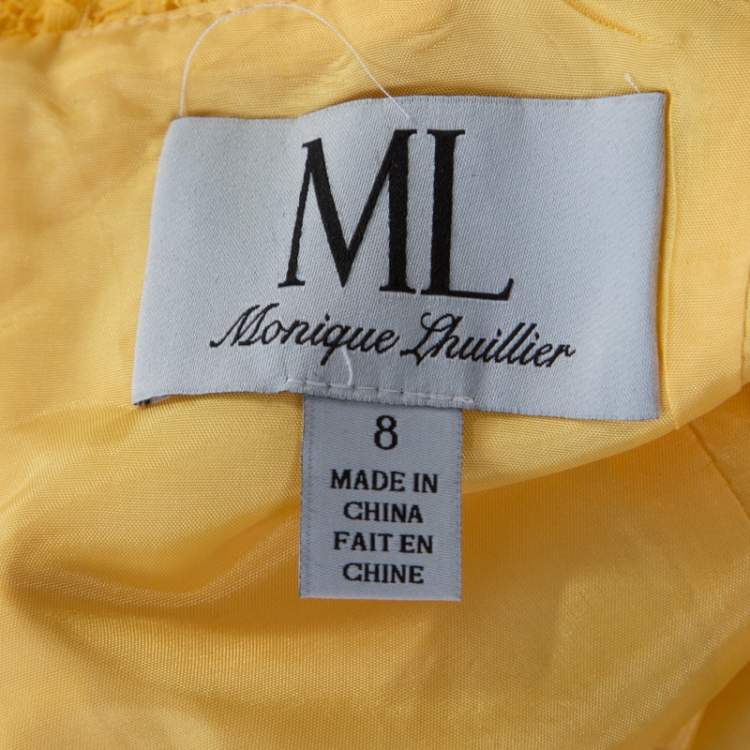 مملوكة مسبقًا ML By Monique Lhuillier Yellow Floral Lace Scalloped Trim Detail V-Neck Dress M