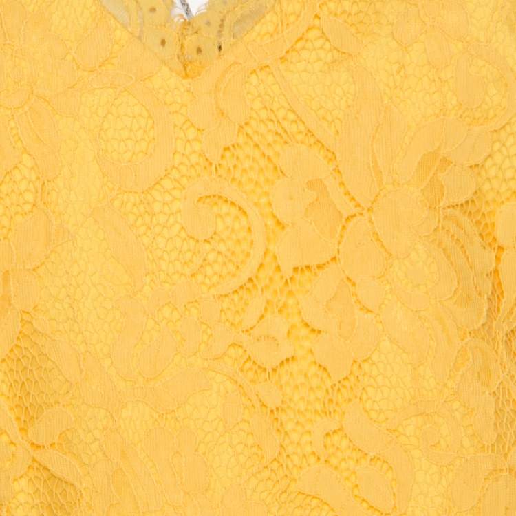 مملوكة مسبقًا ML By Monique Lhuillier Yellow Floral Lace Scalloped Trim Detail V-Neck Dress M