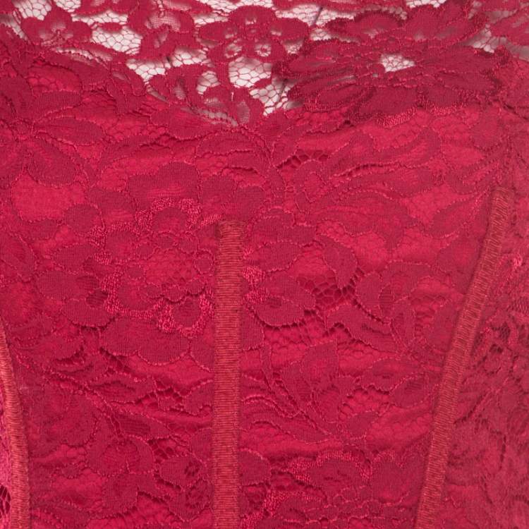Pre Owned ML by Monique Lhuillier Pink Floral Lace Scalloped Trim Cut Out Back Detail Dress M