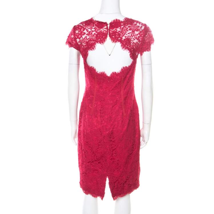 Pre Owned ML by Monique Lhuillier Pink Floral Lace Scalloped Trim Cut Out Back Detail Dress M