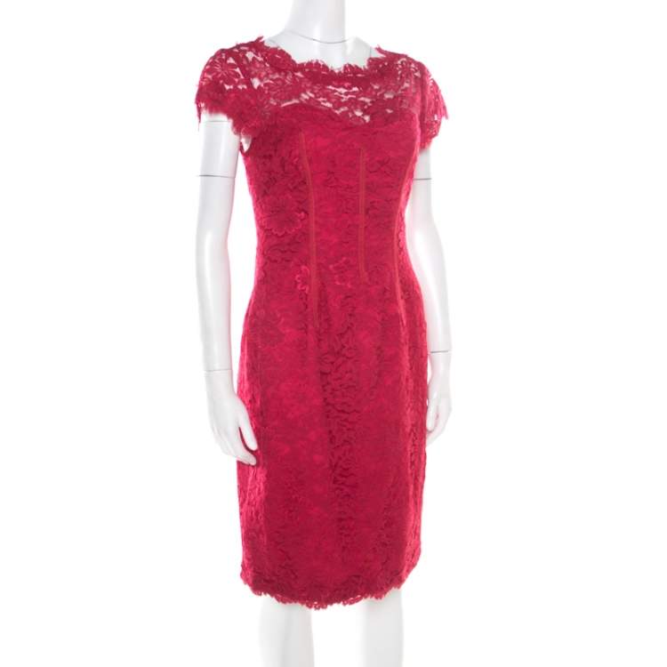 Pre Owned ML by Monique Lhuillier Pink Floral Lace Scalloped Trim Cut Out Back Detail Dress M