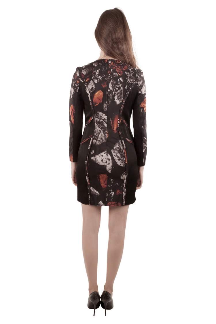 Pre Owned Monique Lhuillier Black Abstract Print Silk Blend Long Sleeve Sheath Dress S