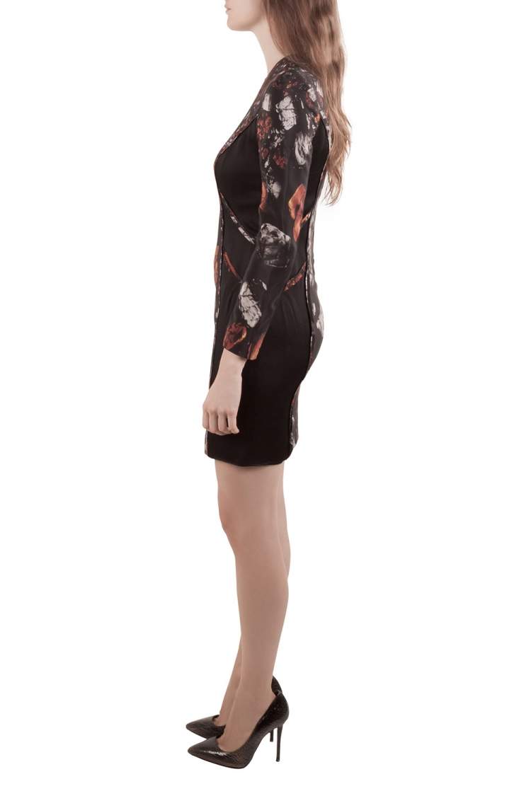Pre Owned Monique Lhuillier Black Abstract Print Silk Blend Long Sleeve Sheath Dress S