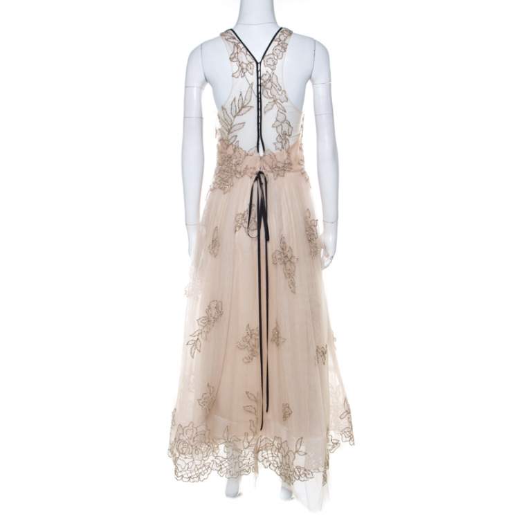 Pre Owned Monique Lhuillier Beige Tulle Sequin Embellished Evening Dress M 