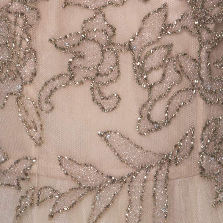 Pre Owned Monique Lhuillier Beige Tulle Sequin Embellished Evening Dress M 