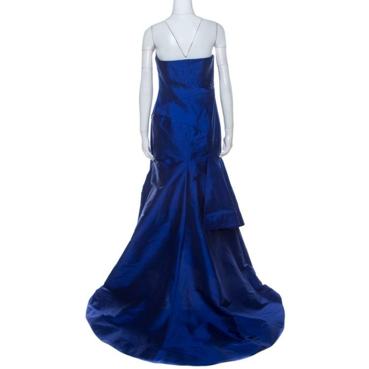 Pre Owned ML Monique Lhuillier Blue Beaded Detail Faille Trumpet Gown L 