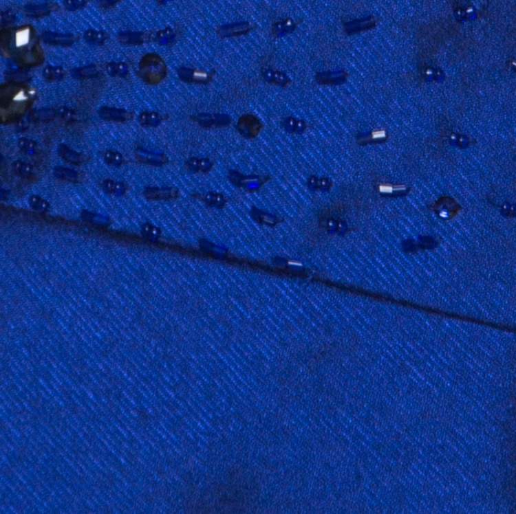Pre Owned ML Monique Lhuillier Blue Beaded Detail Faille Trumpet Gown L 