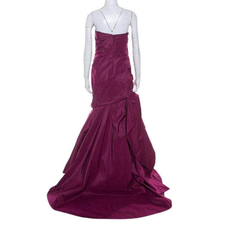 Pre Owned Monique Lhuillier Garnet Purple Silk Tufted Skirt Strapless Gown XL 