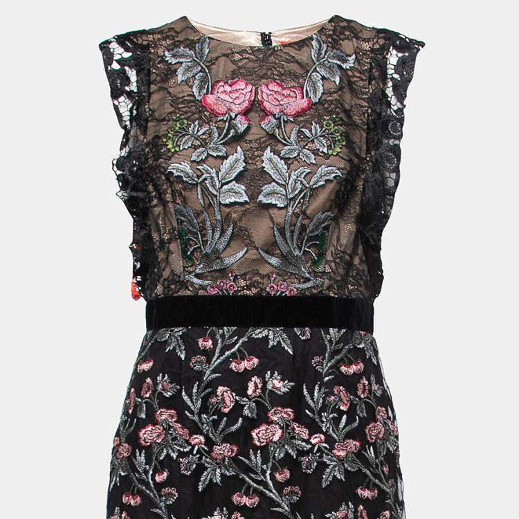 Pre Owned ML By Monique Lhuillier Black Floral Lace Sleeveless Gown L