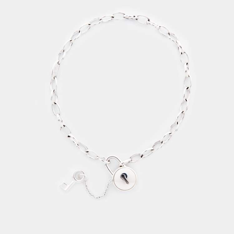 Pre Owned Montblanc Lock Key Mother of Pearl Sterling Silver Chain Link Bracelet