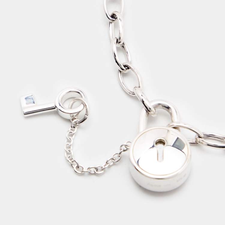Pre Owned Montblanc Lock Key Mother of Pearl Sterling Silver Chain Link Bracelet