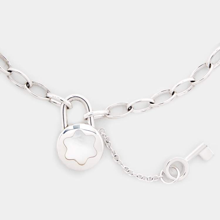 Pre Owned Montblanc Lock Key Mother of Pearl Sterling Silver Chain Link Bracelet