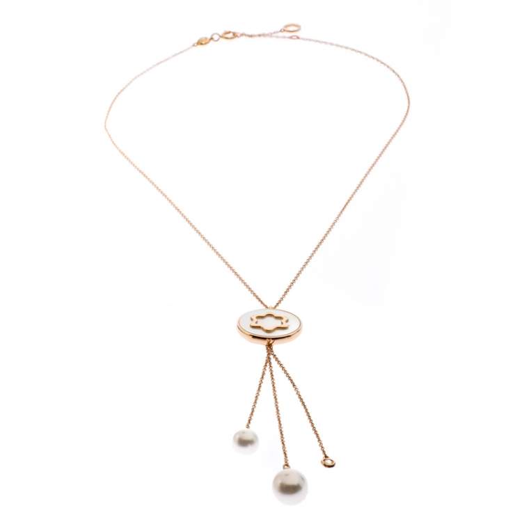 Pre Owned Montblanc Signet Mother of Pearl Diamond 18k Rose Gold Tassel Pendant Necklace