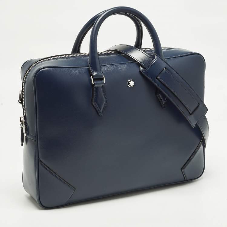 Pre Owned Montblanc Meisterstuck Medium Navy Blue Leather Briefcase