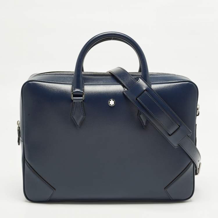 Pre Owned Montblanc Meisterstuck Medium Navy Blue Leather Briefcase