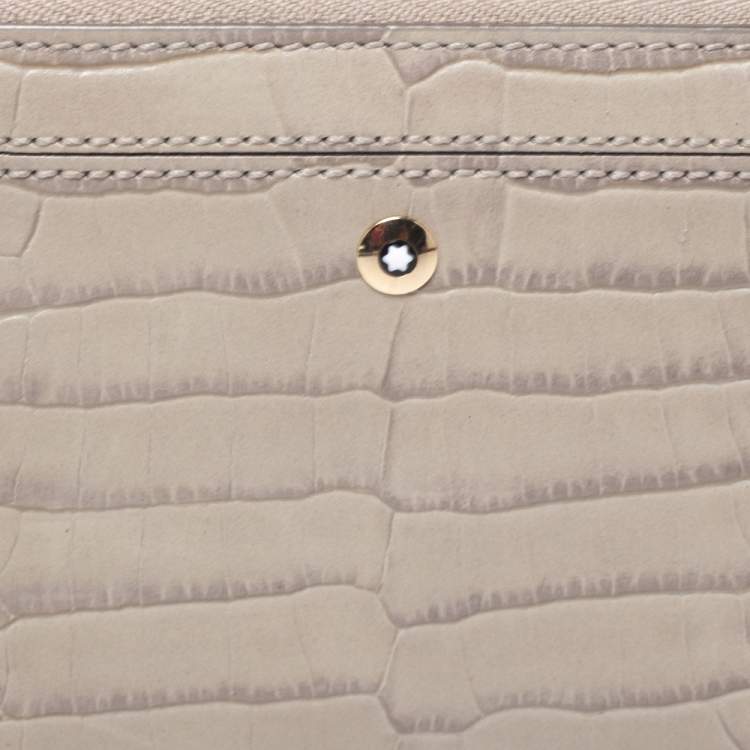 Pre Owned Montblanc Beige Croc Embossed Leather Zip Around Coin Purse