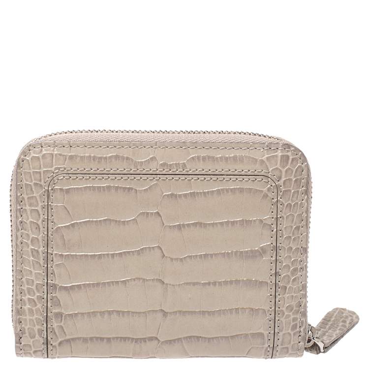 Pre Owned Montblanc Beige Croc Embossed Leather Zip Around Coin Purse