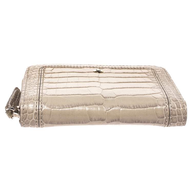 Pre Owned Montblanc Beige Croc Embossed Leather Zip Around Coin Purse