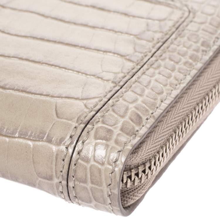 Pre Owned Montblanc Beige Croc Embossed Leather Zip Around Coin Purse