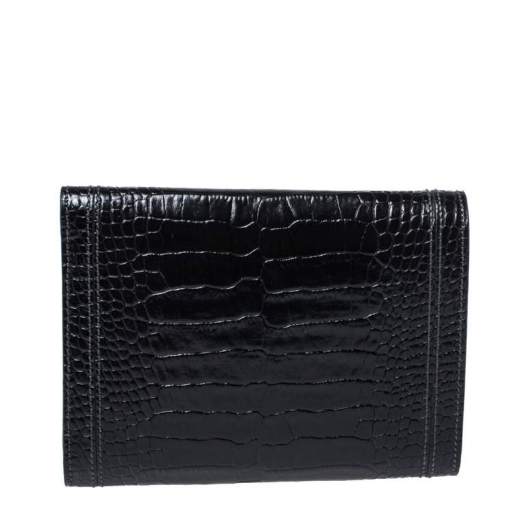 Pre Owned Montblanc Black Croc Embossed Leather Trifold Wallet