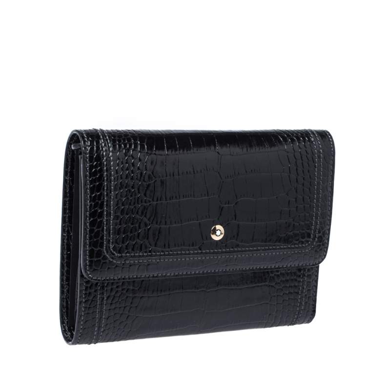 Pre Owned Montblanc Black Croc Embossed Leather Trifold Wallet