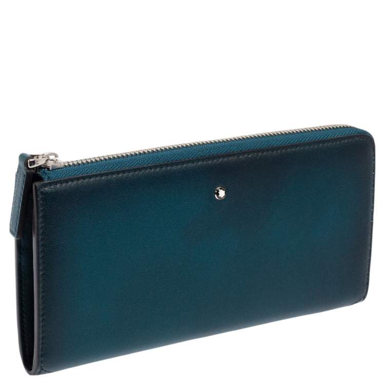 Pre Owned Montblanc Ombre Teal Blue Leather Meisterstuck Zip Around Wallet