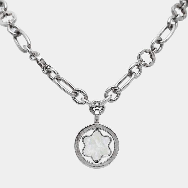 Pre Owned Montblanc Star Signet Mother Of Pearl Sterling Silver Pendant Necklace